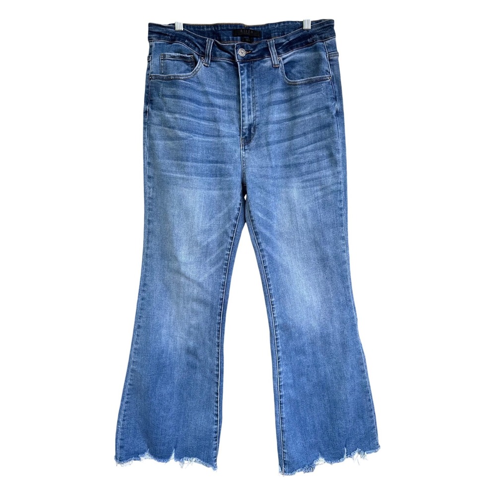 Risen High Rise Flare Jeans Medium Wash Raw Hem Plus Size XRDP1292 1XL